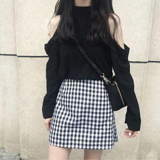 Set: Cold Shoulder Sweatshirt + Plaid A-line Skirt