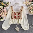 Square-neck Crochet-knit Panel Chiffon Blouse