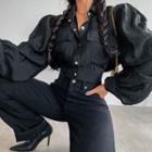 Flap-pocket Crinkled Cropped Blouse