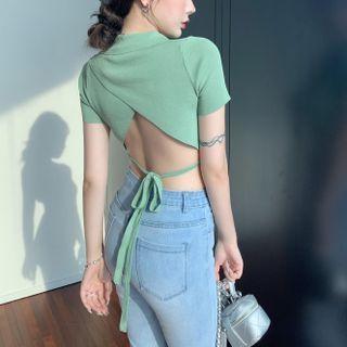 V-neck Collared Wrap Crop Top Green - One Size
