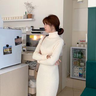 Turtle-neck Slit-back Ribbed Knit Dress Cream - One Size