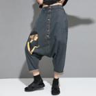 Printed Flower Embroidered Cropped Baggy Jeans Blue - One Size