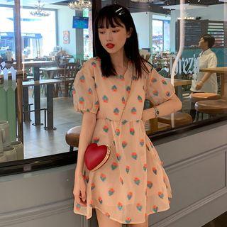 Printed V-neck Short-sleeve Midi Dress As Shown In Figure - One Size
