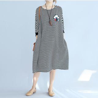 Cloud Embroidered Striped 3/4 Sleeve Dress