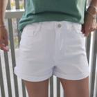 Zip-front Cuff-hem Plain Shorts