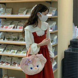 Long-sleeve Wide Collar Blouse / Frill Trim Midi Overall Dress