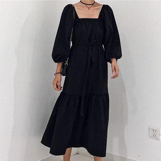 3/4-sleeve Midi A-line Dress Black - One Size