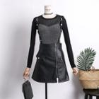 Set: Glitter Knit Top + Faux-leather Jumper Dress