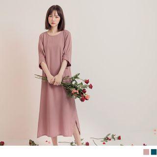 Elbow Sleeve Plain Chiffon Dress