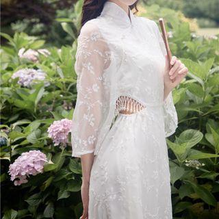 Elbow-sleeve Floral Embroidered Cutout A-line Dress