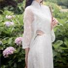 Elbow-sleeve Floral Embroidered Cutout A-line Dress