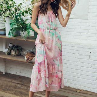 Dye Print Spaghetti Strap Midi A-line Dress
