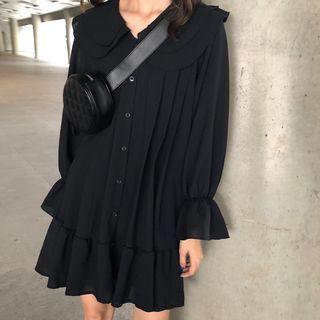 Collared Long-sleeve Dress Black - One Size
