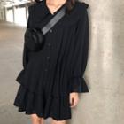 Collared Long-sleeve Dress Black - One Size