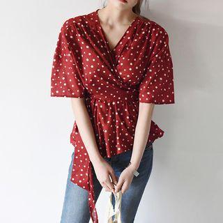 Polka Dot Short-sleeve Wrap Blouse