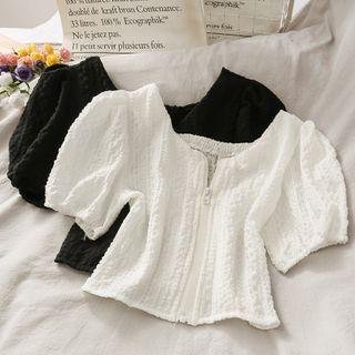 Textured Puff-sleeve Zipper Crop Top