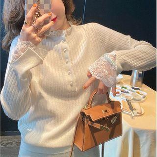 Long-sleeve Lace Trim Henley Knit Top