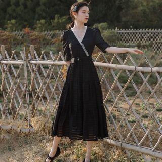 Elbow-sleeve Mesh Panel V-neck Midi A-line Dress