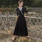 Elbow-sleeve Mesh Panel V-neck Midi A-line Dress