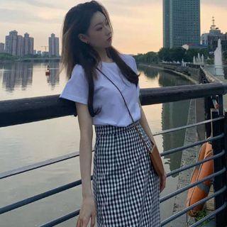 Set: Elbow-sleeve Top + Slit Gingham Midi Pencil Skirt