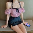 Lace Trim Halter-neck Puff-sleeve Cropped Top