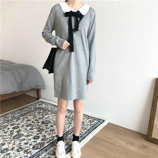 Color-block Bow Long-sleeve Knit Dress