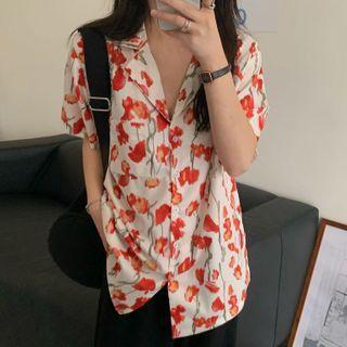 Short-sleeve Floral Print Shirt Tangerine Red - One Size