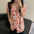Short-sleeve Floral Print Shirt Tangerine Red - One Size