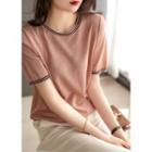 Short-sleeve Contrast Trim Knit Top Nude Pink - One Size