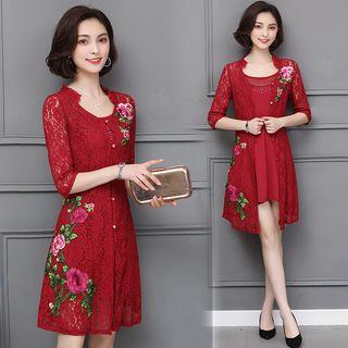 Set: Elbow-sleeve Embroidered Long Jacket + Mini Spaghetti Strap Dress