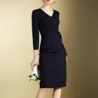3/4-sleeve V-neck Plain Dress