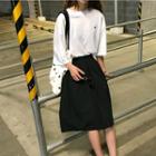 Embroidered Elbow-sleeve T-shirt / A-line Midi Skirt