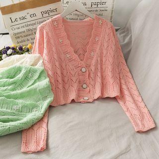 Eyelet Pearl-accent Light Knit Cardigan