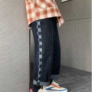Checkerboard Print Panel Straight Leg Jeans