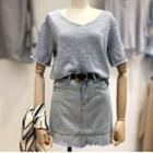 Set: Short-sleeve Knit Top + Denim Mini Skirt
