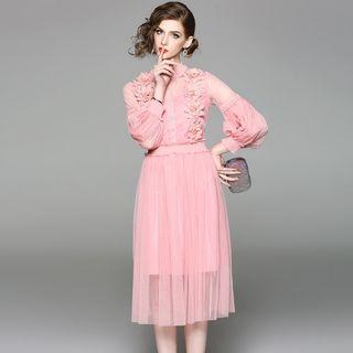 Flower Applique Long-sleeve A-line Midi Dress