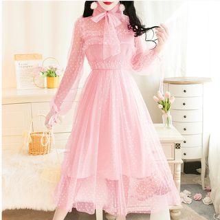 Ruffled Tie-neck Long-sleeve A-line Midi Mesh Dress