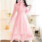 Ruffled Tie-neck Long-sleeve A-line Midi Mesh Dress