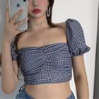 Puff-sleeve Checked Crop Top Black - One Size