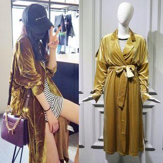 Stripe T-shirt Dress/velvet Waist-tied Coat