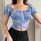 Tie-dyed Puff-sleeve Cropped Blouse