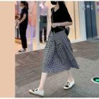 Short-sleeve V-neck Top / Dotted Midi A-line Skirt