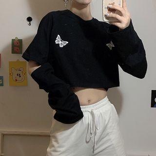 Cut-out Sleeve Butterfly Print Cropped Top