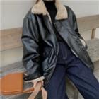 Fleece Lapel Faux Leather Long-sleeve Jacket