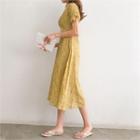 Drawcord-sleeve Shirtwaist Floral Long Dress