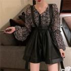 Bell Sleeve V-neck Leopard Print Chiffon Blouse / Faux Leather A-line Suspender Dress