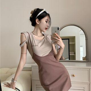 Cap-sleeve Lettering T-shirt / Spaghetti Strap Mini Sheath Dress