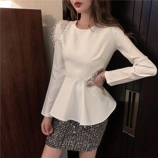 Fringed Faux Pearl Long-sleeve Peplum Top