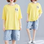 Rabbit Embroidered Elbow-sleeve T-shirt Yellow - One Size
