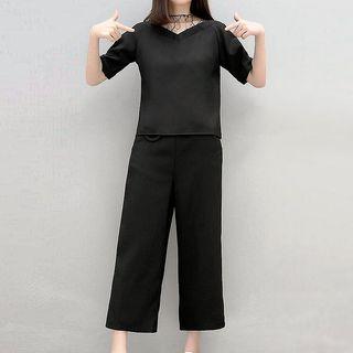 Set: Mesh Panel Elbow Sleeve T-shirt + Straight Cut Pants